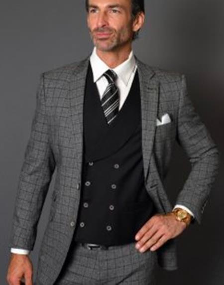 Business Suits - Patterned Suit - 1920s Old School Vintage Suits - Grey and Black Suit