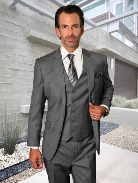 Plaid Suit - 3 Piece Vested Suits - 2 Buttons Windowpane Suit Charcoal Grey Window Pane