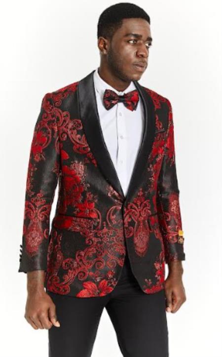 Style#-B6362 Mens Red Blazer - Paisley Sport Coat - Floral Flower Jacket With Matching Bow Tie
