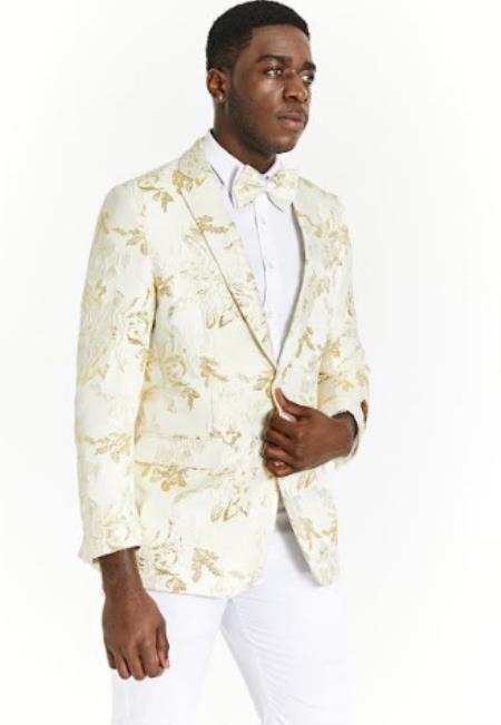 Big And Tall Tuxedo Paisley Tuxedo Sparkling Blazer - Off-White and Gold Floral Sport Coat
