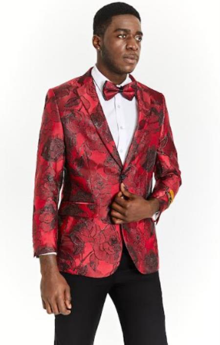 Big And Tall Tuxedo Paisley Tuxedo Sparkling Blazer - Red and Black Floral Sport Coat