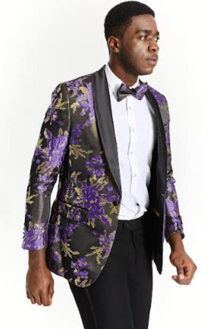 Big And Tall Tuxedo Paisley Tuxedo Sparkling Blazer - Black and Purple Floral Sport Coat
