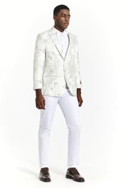 White Dinner Jacket - White Paisley Blazer - White Sportcoat With Bowtie