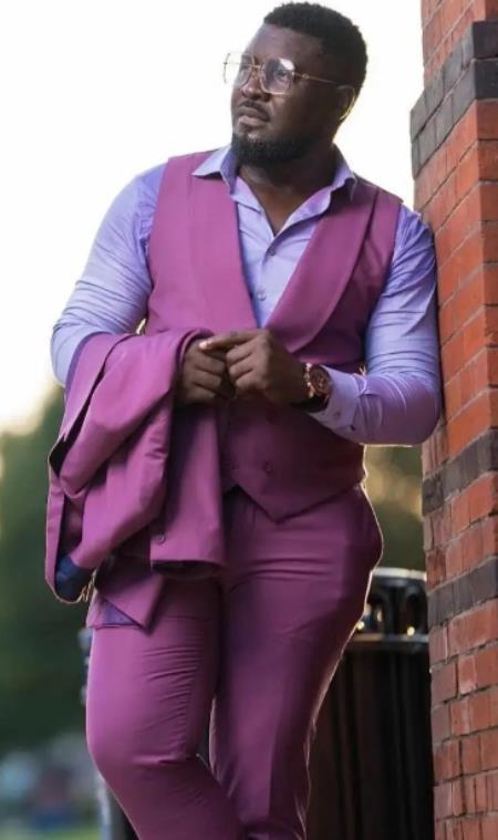 Mens Pink Suit - Magenta Color Big Lapel Vested Suit