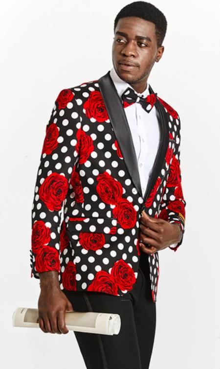 Style#-B6362 Mens One Button Black and White Polka Dot Prom Tuxedo Blazer
