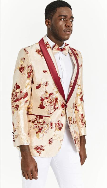 Style#-Mens One Button Ivory and Burgundy Tuxedo Blazer