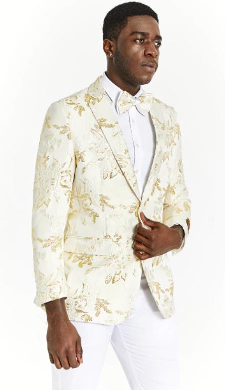 Style#-B6362 Mens One Button Ivory and Gold Tuxedo Blazer