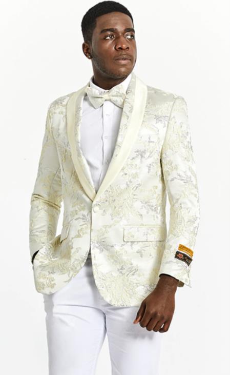 Style#-B6362 Mens One Button Ivory and Gold Tuxedo Dinner Jacket