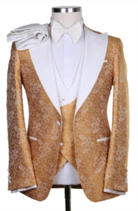 White and Gold Tuxedo With White Pants - Paisley Floral Suit