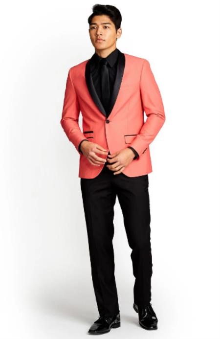 Mens Coral Suits - Prom Suits - Orangish Pink Color - Slim Fit Cut