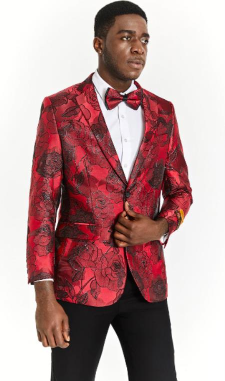 Black Paisley Dinner Jacket and Matching Bowtie - Black Paisley Suit - Prom Tuxedo Matching Bowtie - Red