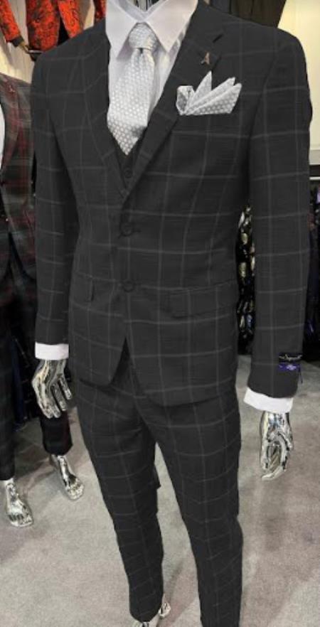 Two-Button One Chest-Pocket Black Windowpane Pattern Suit