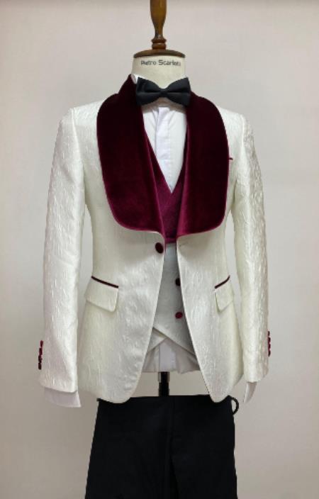 Ivory and Burgundy Tuxedo - Cream Wedding Groom Suit With Vest and Pants