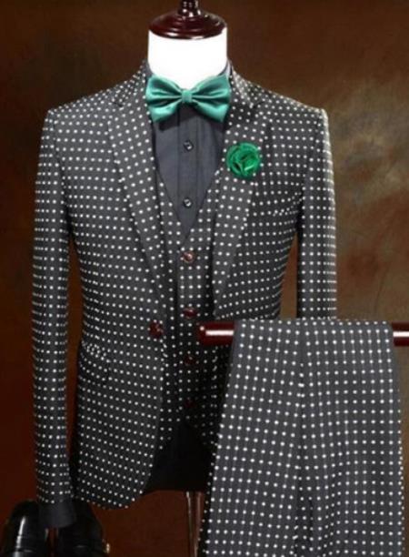 Black And White Dots Vested Suits - Wedding - Groom - Prom Suits