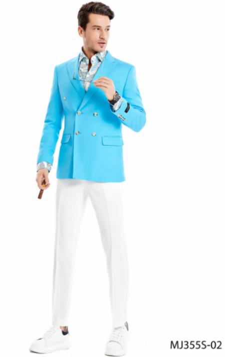 Mens Linen Blazer - Double Breasted Linen Sport Coat Blue
