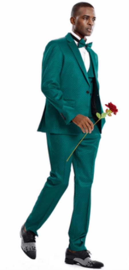 Mens One Button Dot Skinny Fit Prom Suit Green