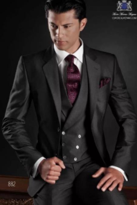 Mens Suits with Double Breasted Vest - Single Button Peak Lapel Gray Suits