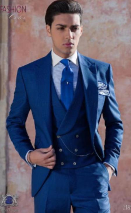Mens Suits with Double Breasted Vest - Single Button Peak Lapel Royal Blue Suits