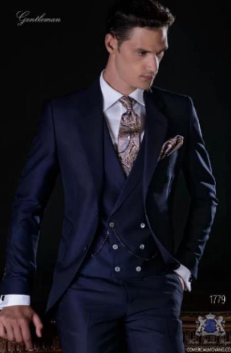 Mens Suits with Double Breasted Vest - Single Button Peak Lapel Navy Blue Suits