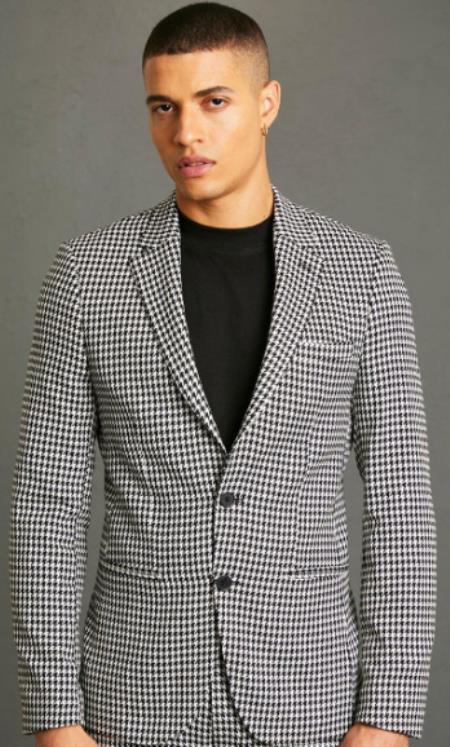 Mens Notch Lapel - Suit Black and White Hounstooth Pattern Notch Lapel Suit