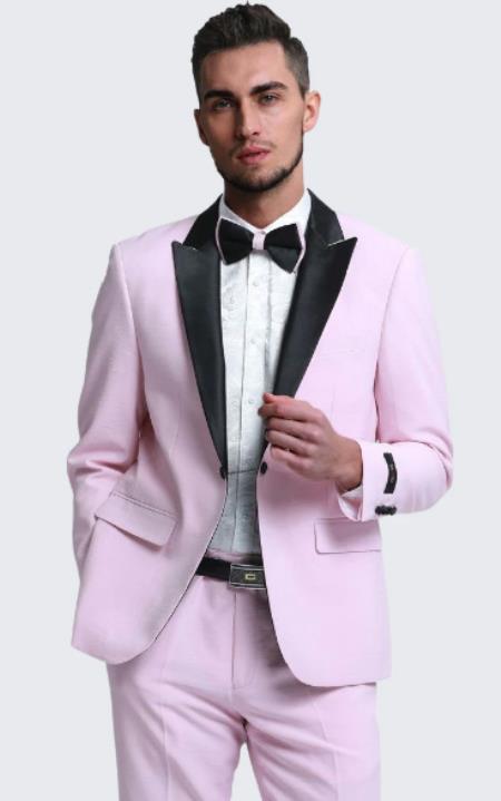 Mens Pink Tuxedo Slim Fit Peak Lapel With Button Chain 3-Piece Set - Slim Fit Cut