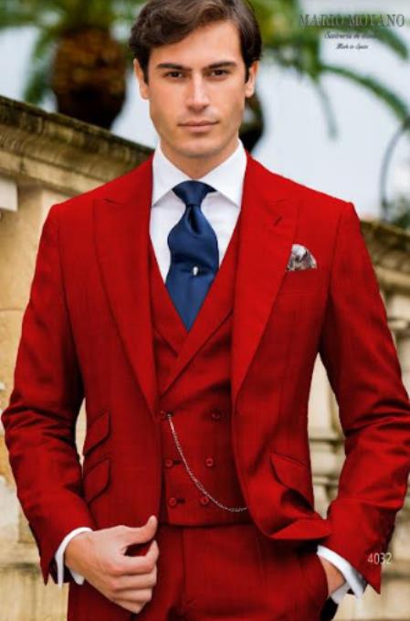 Mens One Button Peak Lapel Suit Red