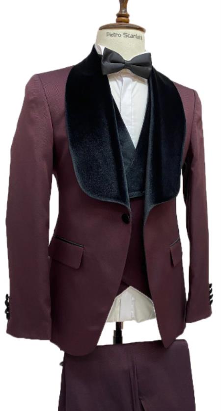 Style#-B6362 Burgundy Tuxedo Dinner Jacket Wide Velvet Groom Tuxedo Jacket - Prom Blazer