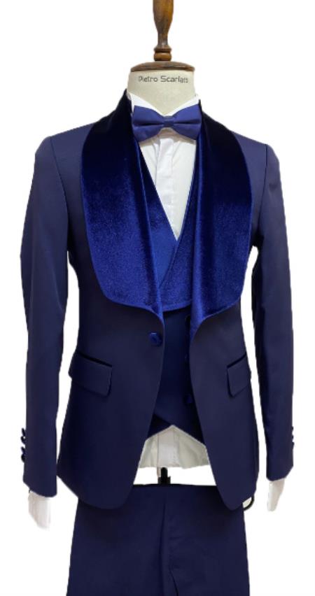 Style#-B6362 Midnight Blue Tuxedo Dinner Jacket Wide Velvet Groom Tuxedo Jacket - Prom Blazer