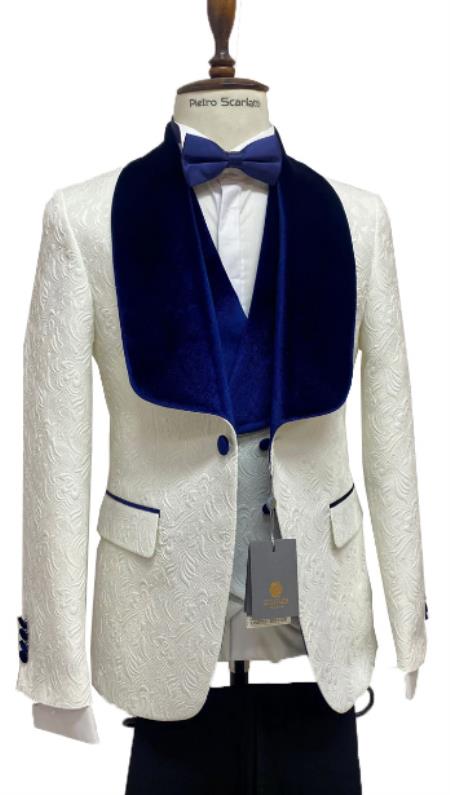 Ivory and Royal Blue Tuxedo Dinner Jacket Wide Velvet Groom Tuxedo Jacket - Prom Blazer