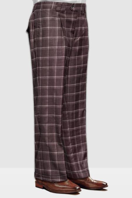 Mens Pant - Wide Leg Plaid Slacks - Brown - 100% Percent Wool Fabric