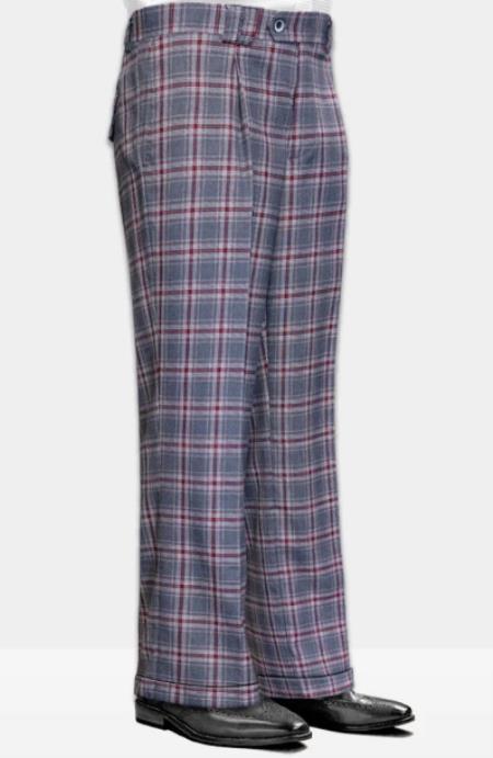 Mens Pant - Wide Leg Plaid Slacks - Charcoal - 100% Percent Wool Fabric