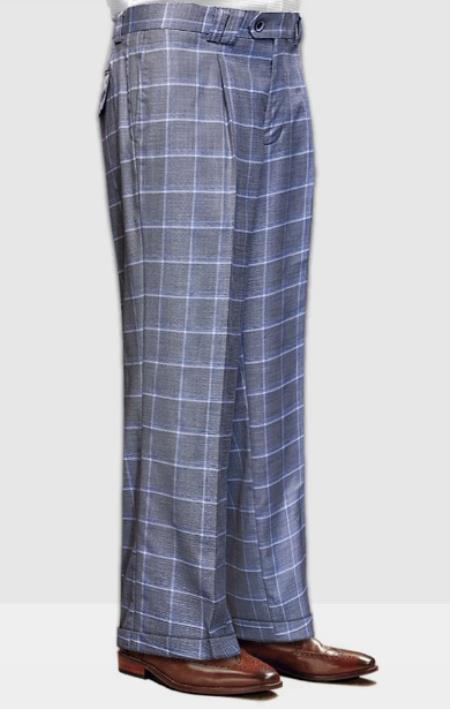 Mens Pant - Wide Leg Plaid Slacks - Grey - 100% Percent Wool Fabric