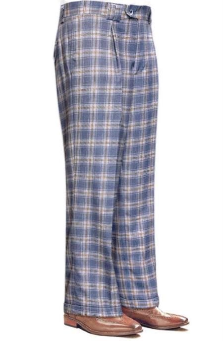 Mens Pant - Wide Leg Plaid Slacks - Grey Plaid - 100% Percent Wool Fabric