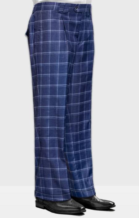 Mens Pant - Wide Leg Plaid Slacks - Indigo - 100% Percent Wool Fabric