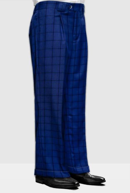 Mens Pant - Wide Leg Plaid Slacks - Sapphire - 100% Percent Wool Fabric