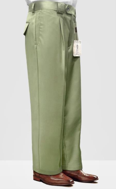 Mens 100% Wool Pant - Pleated Wide Leg - Apple Green