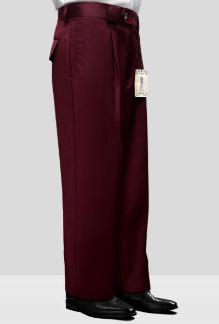 Mens Pant - Pleated Wide Leg - Burgundy - 100% Percent Wool Fabric