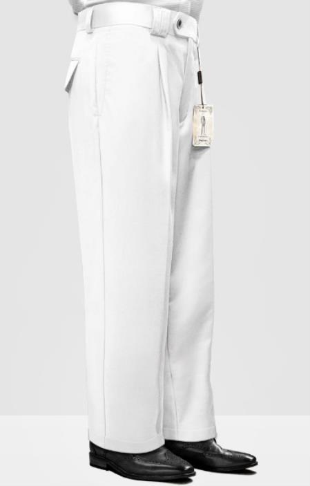 Mens 100% Wool Pant - Pleated Wide Leg - White
