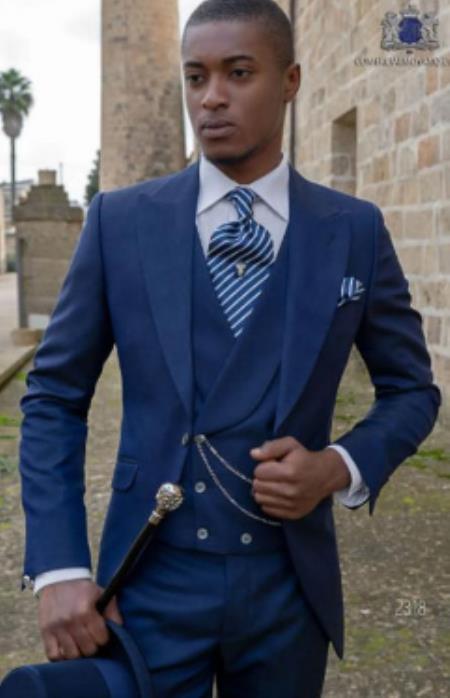 Mens Suits With Double Breasted Vest - Single Button Peak Lapel Royal Blue Suits