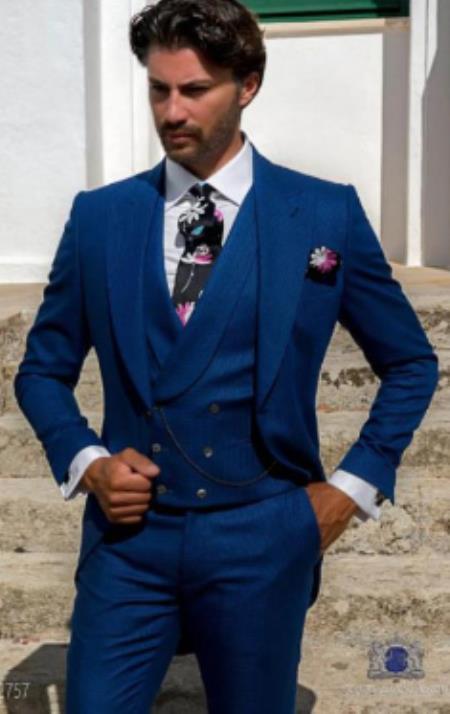 Mens Wedding Tuxedo With Double Breasted Vest In Royal Blue