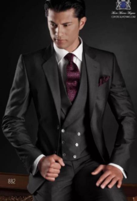 Mens Suits With Double Breasted Vest - Single Button Peak Lapel Black Suits