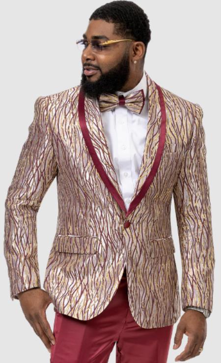 Burgundy and Gold Tuxedo - Flower Floral Suit - Paisley Suit