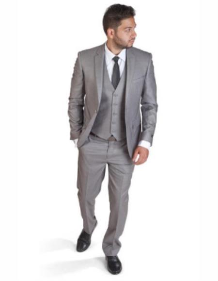 Mens Slim Fit Vested Suit - Slim Fit 3 Pieces Silver Grey Suit