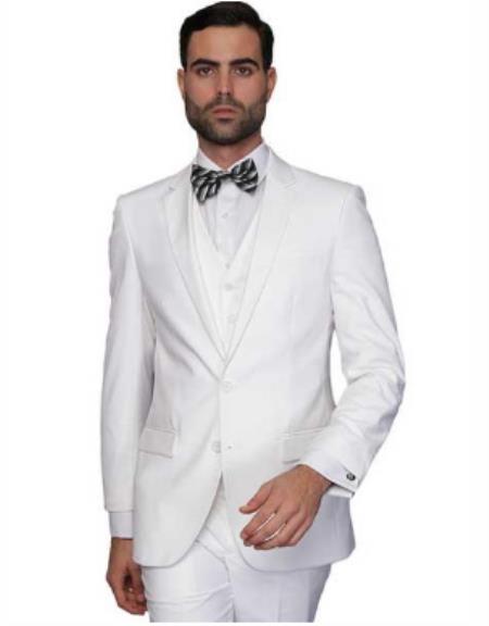 Mens Slim Fit Vested Suit - Slim Fit 3 Pieces White Suit
