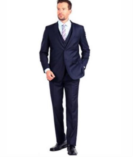 Mens Slim Fit Vested Suit - Slim Fit 3 Pieces Navy Suit