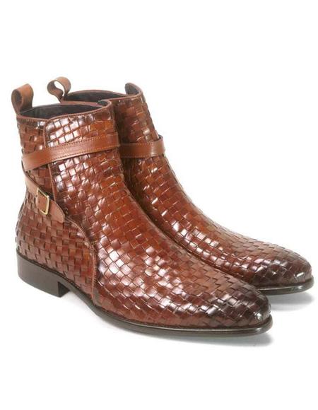 Carrucci Cognac Leather Basket Weave Design Buckle Strap Boot