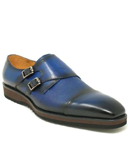 Carrucci Blue Leather Double Monk Strap Mens Dress Shoe