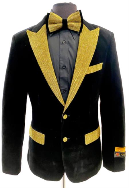 Style#-B6362 Black and Gold Lapel Velvet Fabric Tuxedo Dinner Jacket With Bowtie