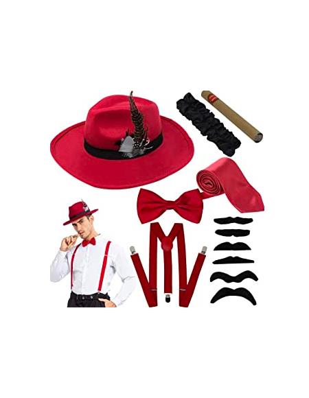 Harlem Nights Costumes Package - White Shirt + Red Suspender + Red Tie + Red Hat