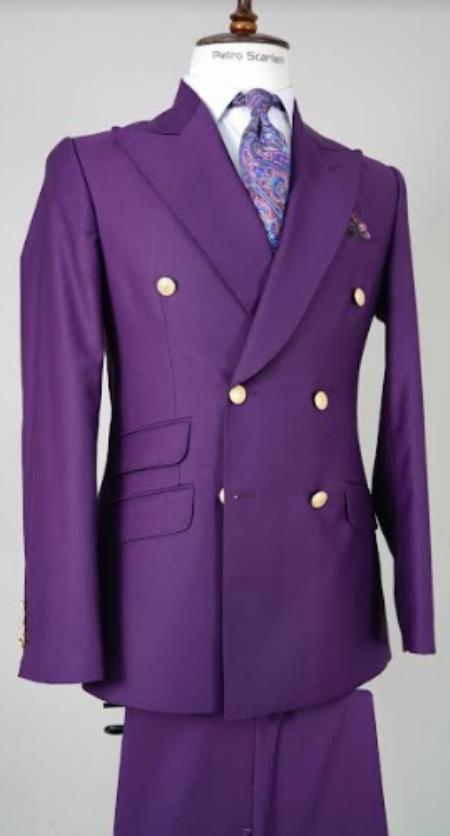 Style#-B6362 100% Wool Double Breasted Blazer with Gold Buttons - Purple Sport Coat